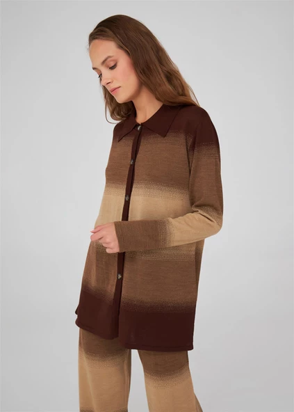 Peraluna Renk Geçişli Polo Yaka Kadın Triko Hırka - Kahve/Camel Melanj - 6