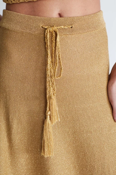 Styleboom X Peraluna MARILYN SKIRT Simli Maxi Boy Beli Bağcıklı Kadın Triko Etek - Altın - 6