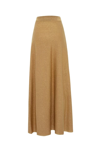 Styleboom X Peraluna MARILYN SKIRT Simli Maxi Boy Beli Bağcıklı Kadın Triko Etek - Altın - 10