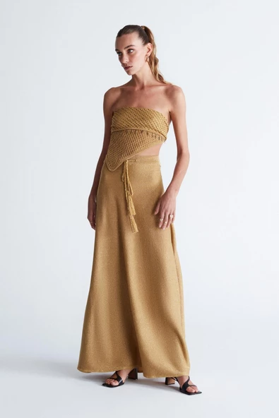 Styleboom X Peraluna MARILYN SKIRT Simli Maxi Boy Beli Bağcıklı Kadın Triko Etek - Altın - 2
