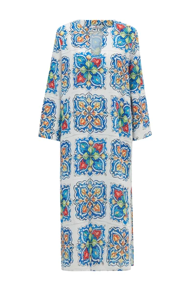 Peraluna RIA CAFTAN Çini Desenli 123 CM Derin Yırtmaçlı Saten Kadın Kaftan - Çok Renkli - 10