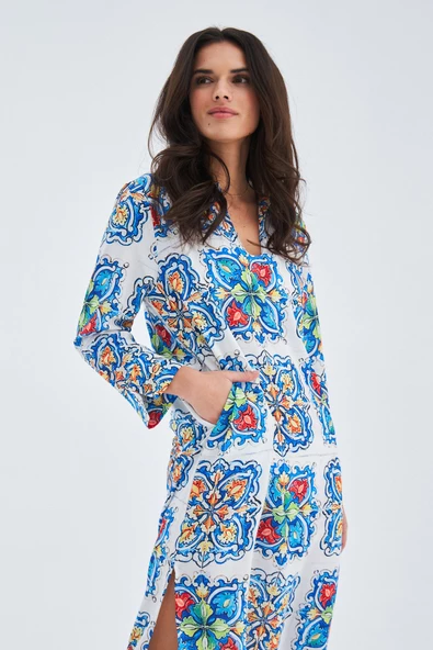 Peraluna RIA CAFTAN Çini Desenli 123 CM Derin Yırtmaçlı Saten Kadın Kaftan - Çok Renkli - 7