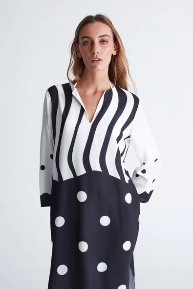Peraluna POLKA DOT CAFTAN Puantiye Desen V Yaka Midi Boy Yırtmaçlı Kadın Kaftan - Siyah/Beyaz - 3