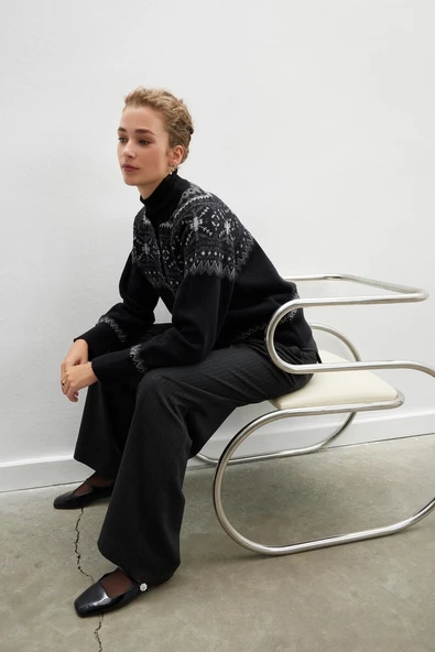 Peraluna AISLING CARDIGAN Bisiklet Yaka Yün Karışım Etnik Motif Kadın Triko Hırka - Siyah - 3
