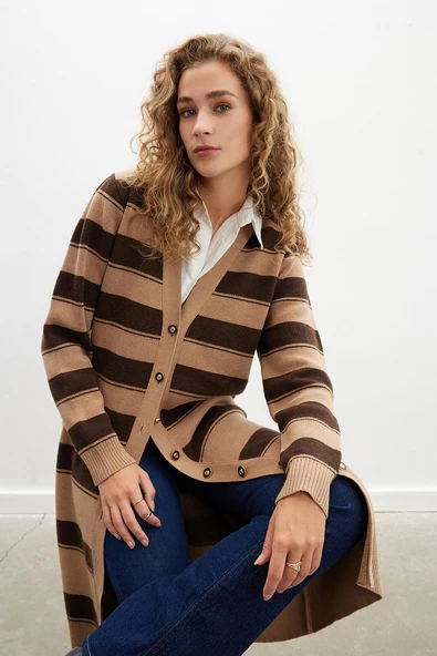 Peraluna BEATRICE LONG CARDIGAN Çizgili V Yaka Uzun Kadın Triko Hırka - Camel - 3
