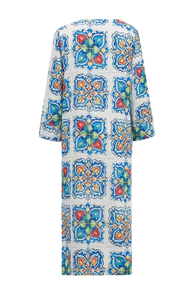 Peraluna RIA CAFTAN Çini Desenli 123 CM Derin Yırtmaçlı Saten Kadın Kaftan - Çok Renkli - 11