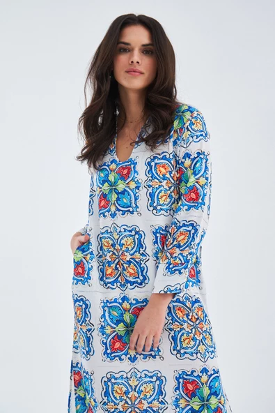 Peraluna RIA CAFTAN Çini Desenli 123 CM Derin Yırtmaçlı Saten Kadın Kaftan - Çok Renkli - 8