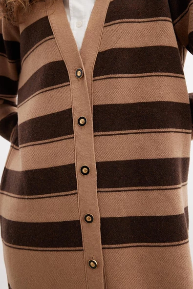 Peraluna BEATRICE LONG CARDIGAN Çizgili V Yaka Uzun Kadın Triko Hırka - Camel - 4