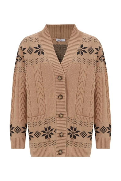 Peraluna IVORY CARDIGAN Jakarlı Cepli Uzun Kadın Triko Hırka - Camel - 7
