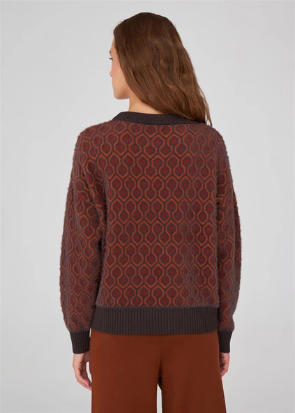 Peraluna Labirent Desenli Bol Kesim Krop Kadın Triko Kazak - Kahve - Resim 5