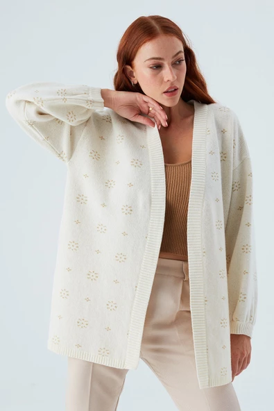 Peraluna LULU CARDIGAN Simli Kar Tanesi Desenli Uzun Kadın Triko Hırka - Ekru - 6