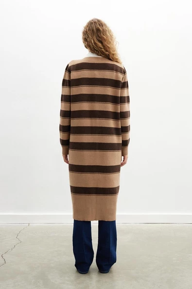 Peraluna BEATRICE LONG CARDIGAN Çizgili V Yaka Uzun Kadın Triko Hırka - Camel - 5