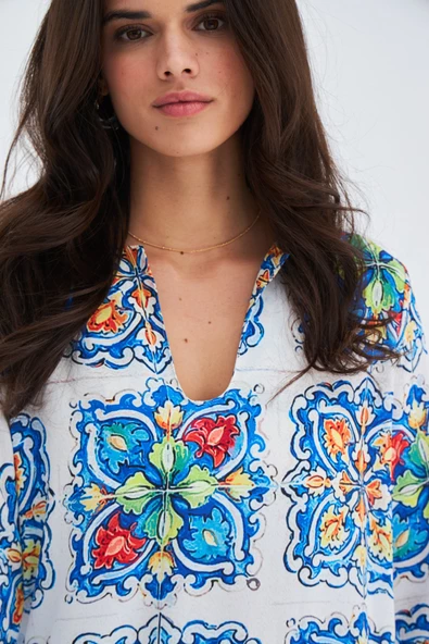 Peraluna RIA CAFTAN Çini Desenli 123 CM Derin Yırtmaçlı Saten Kadın Kaftan - Çok Renkli - 3