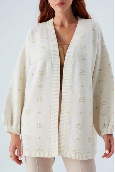 Peraluna LULU CARDIGAN Simli Kar Tanesi Desenli Uzun Kadın Triko Hırka - Ekru - 4