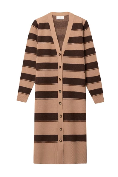 Peraluna BEATRICE LONG CARDIGAN Çizgili V Yaka Uzun Kadın Triko Hırka - Camel - 6