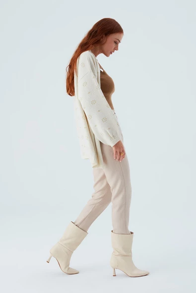 Peraluna LULU CARDIGAN Simli Kar Tanesi Desenli Uzun Kadın Triko Hırka - Ekru - 8