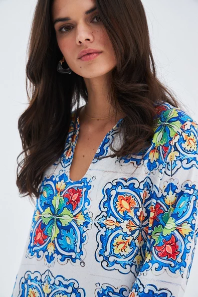 Peraluna RIA CAFTAN Çini Desenli 123 CM Derin Yırtmaçlı Saten Kadın Kaftan - Çok Renkli - 4