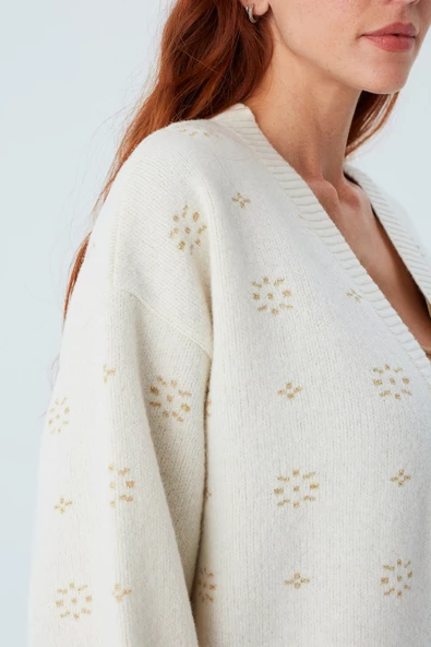 Peraluna LULU CARDIGAN Simli Kar Tanesi Desenli Uzun Kadın Triko Hırka - Ekru - 5