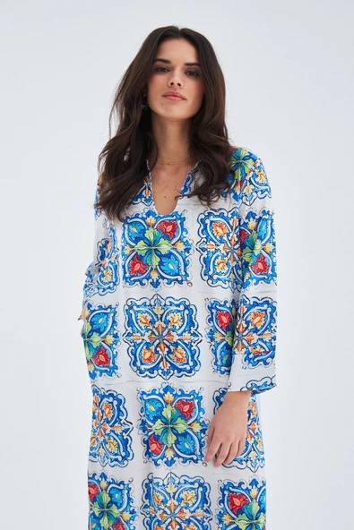 Peraluna RIA CAFTAN Çini Desenli 123 CM Derin Yırtmaçlı Saten Kadın Kaftan - Çok Renkli - 2