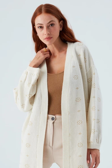 Peraluna LULU CARDIGAN Simli Kar Tanesi Desenli Uzun Kadın Triko Hırka - Ekru - 3