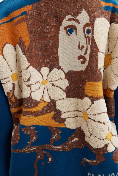 Peraluna JOSEPHINE CARDIGAN V Yaka Jakarlı Geniş Kesim Organik Pamuk-Yün Karışım Kadın Triko Hırka - Multi - 6