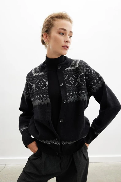 Peraluna AISLING CARDIGAN Bisiklet Yaka Yün Karışım Etnik Motif Kadın Triko Hırka - Siyah - 2