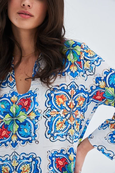 Peraluna RIA CAFTAN Çini Desenli 123 CM Derin Yırtmaçlı Saten Kadın Kaftan - Çok Renkli - 5