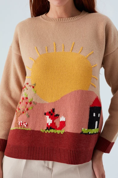 Peraluna SUNNY PULLOVER El İşlemeli Desenli Kadın Triko Kazak - Bej/Kahve - 4