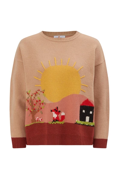 Peraluna SUNNY PULLOVER El İşlemeli Desenli Kadın Triko Kazak - Bej/Kahve - 8