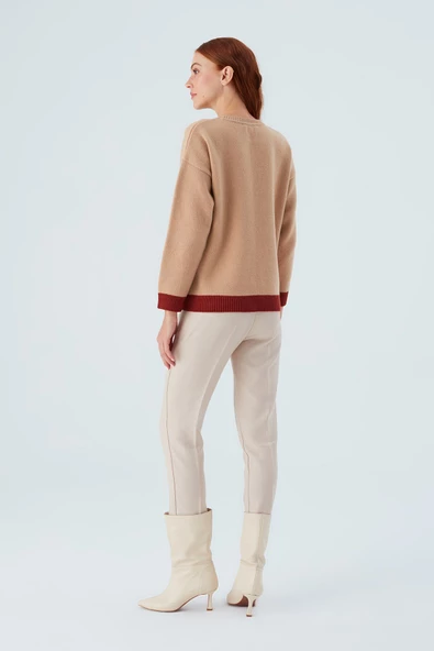 Peraluna SUNNY PULLOVER El İşlemeli Desenli Kadın Triko Kazak - Bej/Kahve - 7