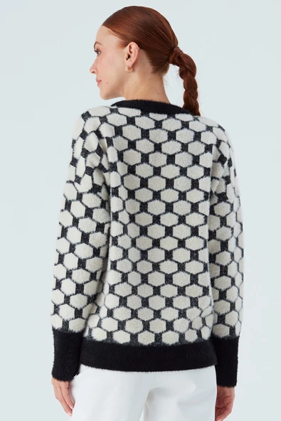 Peraluna DONNA PULLOVER Petek Desenli Kadın Triko Kazak - Siyah/Ekru - 7