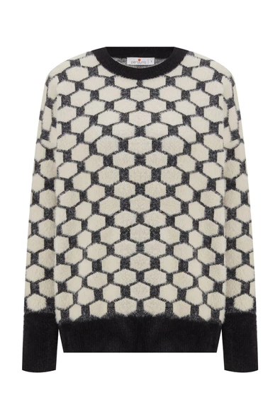 Peraluna DONNA PULLOVER Petek Desenli Kadın Triko Kazak - Siyah/Ekru - 9