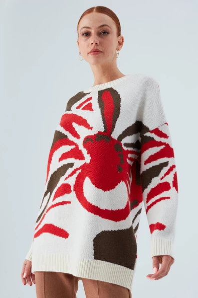 Peraluna POLINA PULLOVER Çiçek Desenli Uzun Kadın Triko Kazak - Ekru Multi - 2