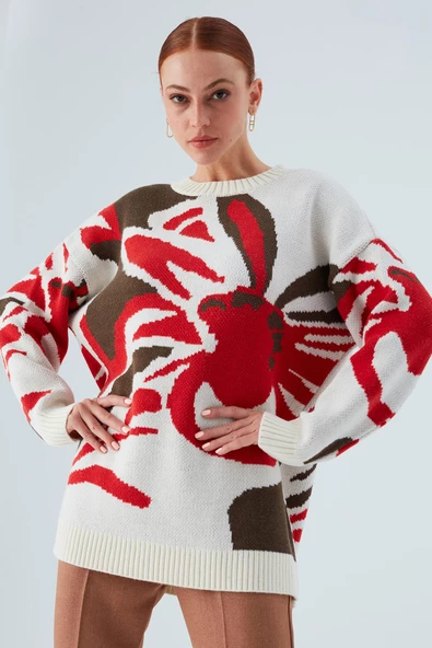 Peraluna POLINA PULLOVER Çiçek Desenli Uzun Kadın Triko Kazak - Ekru Multi - 5