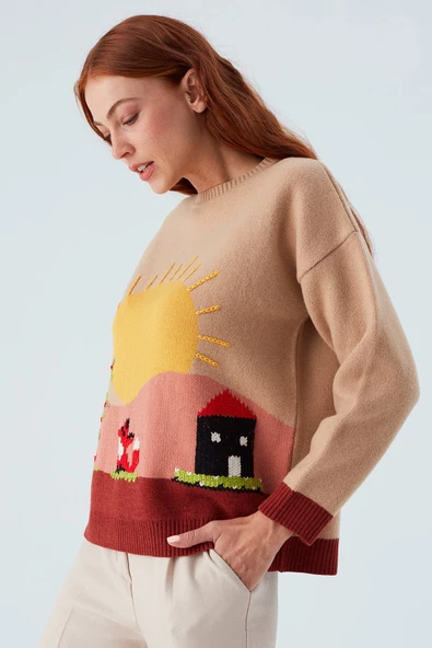 Peraluna SUNNY PULLOVER El İşlemeli Desenli Kadın Triko Kazak - Bej/Kahve - 6