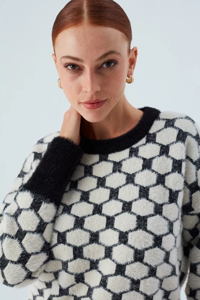 Peraluna DONNA PULLOVER Petek Desenli Kadın Triko Kazak - Siyah/Ekru - 3