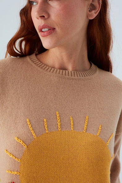 Peraluna SUNNY PULLOVER El İşlemeli Desenli Kadın Triko Kazak - Bej/Kahve - 3