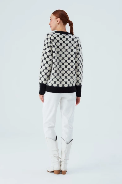 Peraluna DONNA PULLOVER Petek Desenli Kadın Triko Kazak - Siyah/Ekru - 8