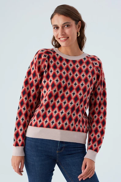 Peraluna TRUDY PULLOVER Baklava Desenli Standart Kesim Kadın Triko Kazak - Multi Pudra - 3