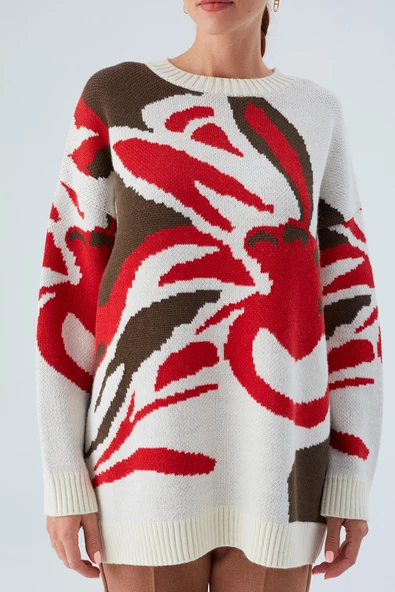 Peraluna POLINA PULLOVER Çiçek Desenli Uzun Kadın Triko Kazak - Ekru Multi - 3