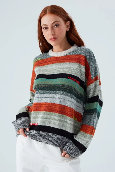Peraluna CAMILA PULLOVER Bol Kesim El İşlemeli Kadın Triko Kazak - Multi - 2