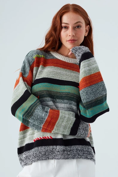 Peraluna CAMILA PULLOVER Bol Kesim El İşlemeli Kadın Triko Kazak - Multi - 5