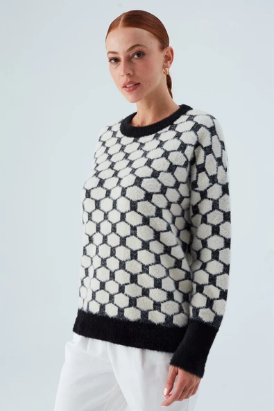 Peraluna DONNA PULLOVER Petek Desenli Kadın Triko Kazak - Siyah/Ekru - 5