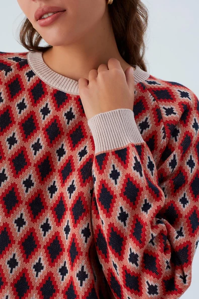 Peraluna TRUDY PULLOVER Baklava Desenli Standart Kesim Kadın Triko Kazak - Multi Pudra - 4