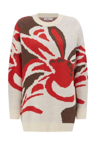 Peraluna POLINA PULLOVER Çiçek Desenli Uzun Kadın Triko Kazak - Ekru Multi - 7