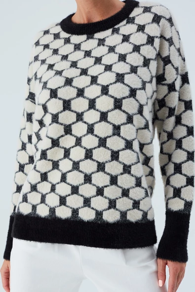 Peraluna DONNA PULLOVER Petek Desenli Kadın Triko Kazak - Siyah/Ekru - 4