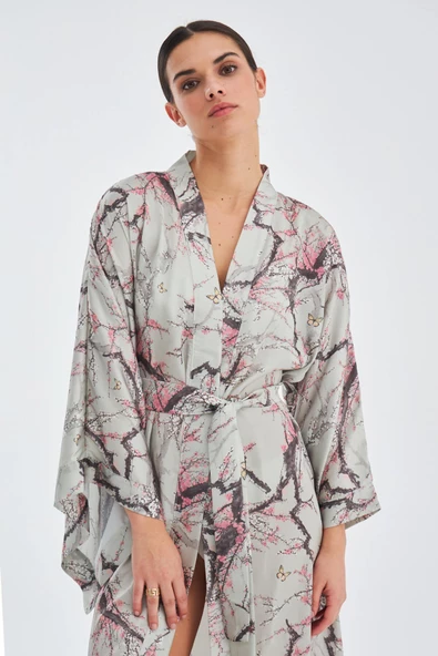 Peraluna BOLOSSOM KIMONO Çiçek Desenli 120 CM Saten Yazlık Kadın Kimono - Koyu Taş/Pembe - 2
