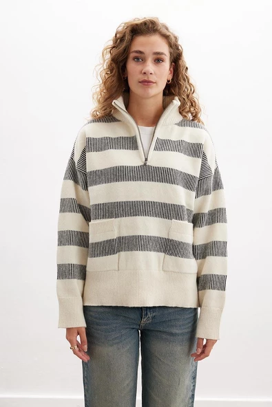 Peraluna MISTY SWEATER Yüksek Yaka Fermuarlı Çizgili Yün Karışım Kadın Triko Kazak - Ekru - 5