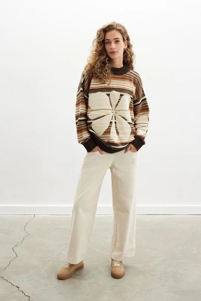 Peraluna AMELIA PULLOVER Yüksek Yaka Çiçek Desen Çok Renkli Organik Pamuk Karışım Kadın Triko Kazak - Kahve Multi - Resim 2