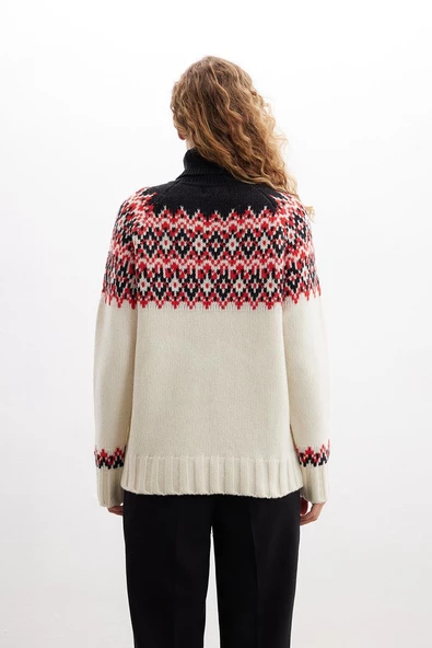 Styleboom X Peraluna COTSWOLD FAIR ISLE PULLOVER Balıkçı Yaka Baklava Desen Kazak Kadın Triko Kazak - Ekru Multi - 5